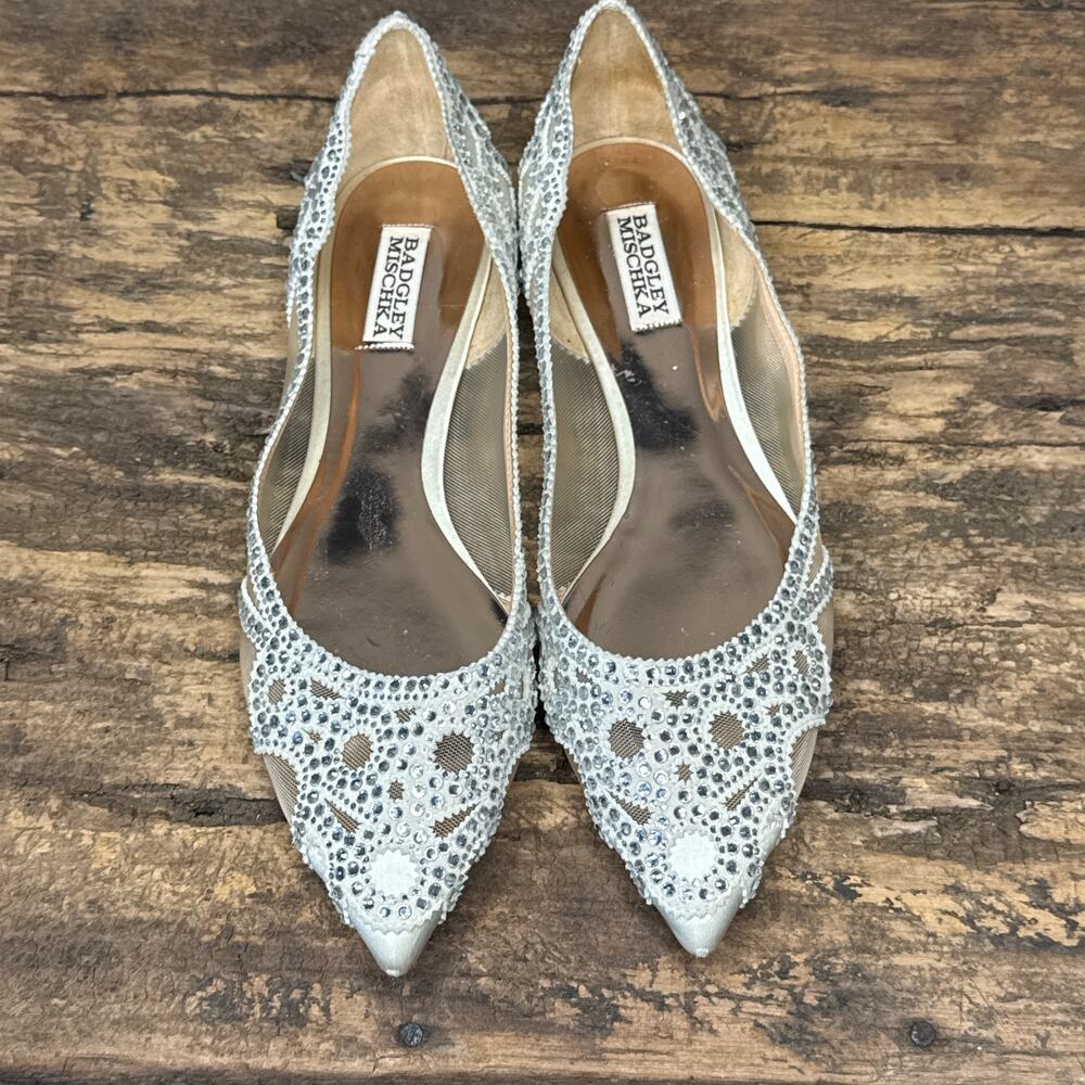 Badgley Mischka Silver Crystal Embellished Pointed Toe Flats Women's 10W